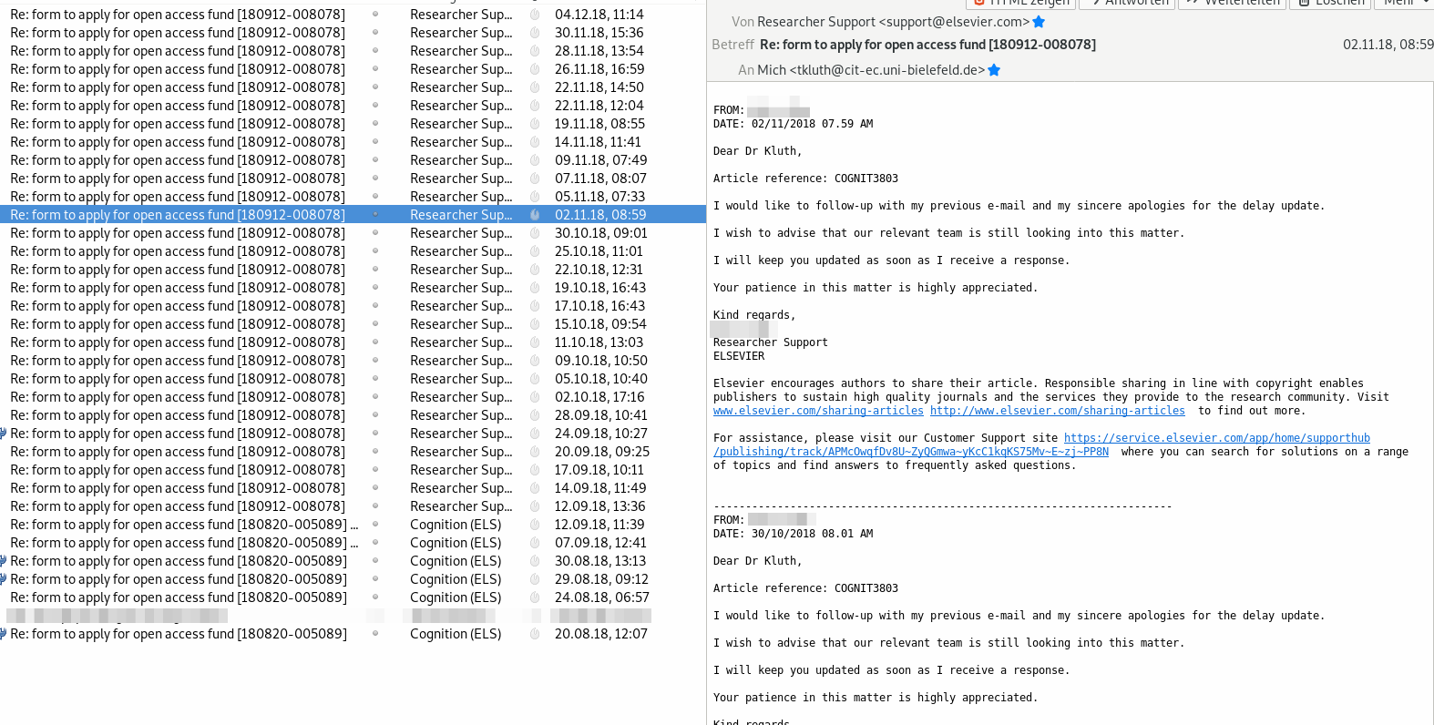 Screenshot of many e-mails from Elsevier